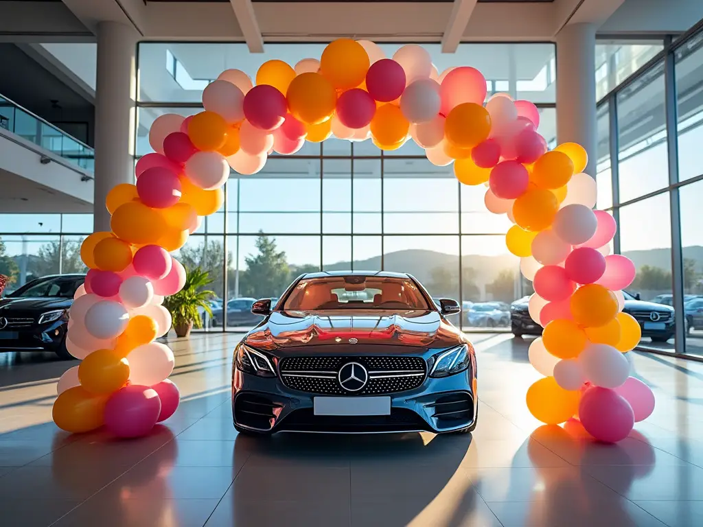 A sleek luxury car displayed under a vibrant balloon arch in a sunlit showroom, capturing a blend of elegance and celebration.